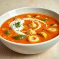 Courgettesoep met paprika, tortellini, roomkaas, Parmezaan en kruiden