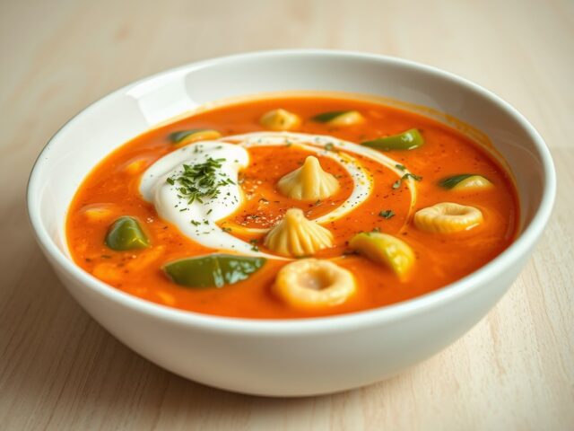 Courgettesoep met paprika, tortellini, roomkaas, Parmezaan en kruiden