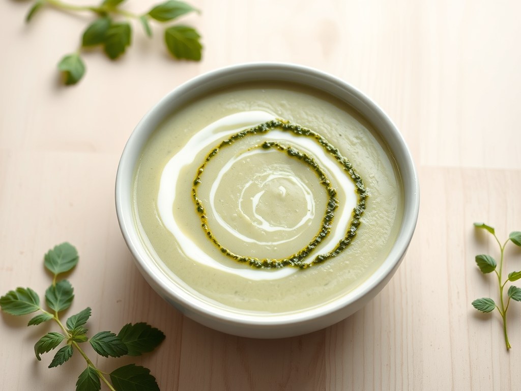 Courgettesoep met pesto, AI-gegenereerde illustratie