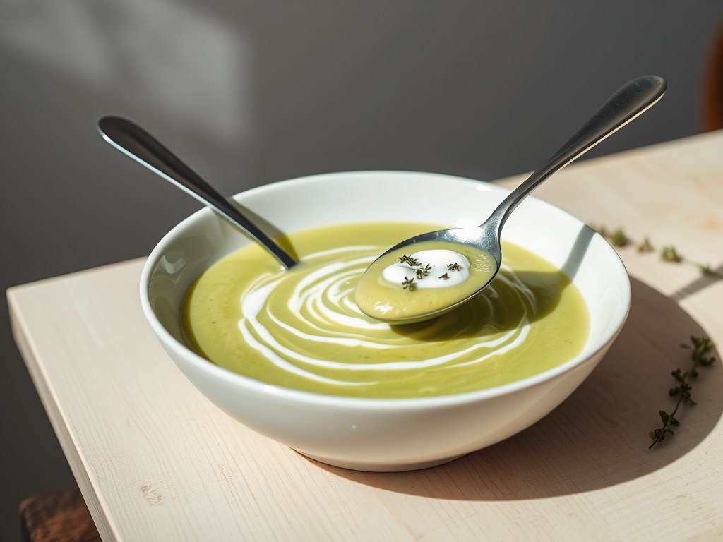 Courgettesoep met Provençaalse kruiden, AI-gegenereerde illustratie