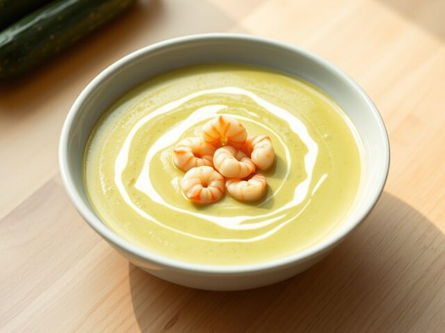 Courgettesoep met smeer kaas en garnalen