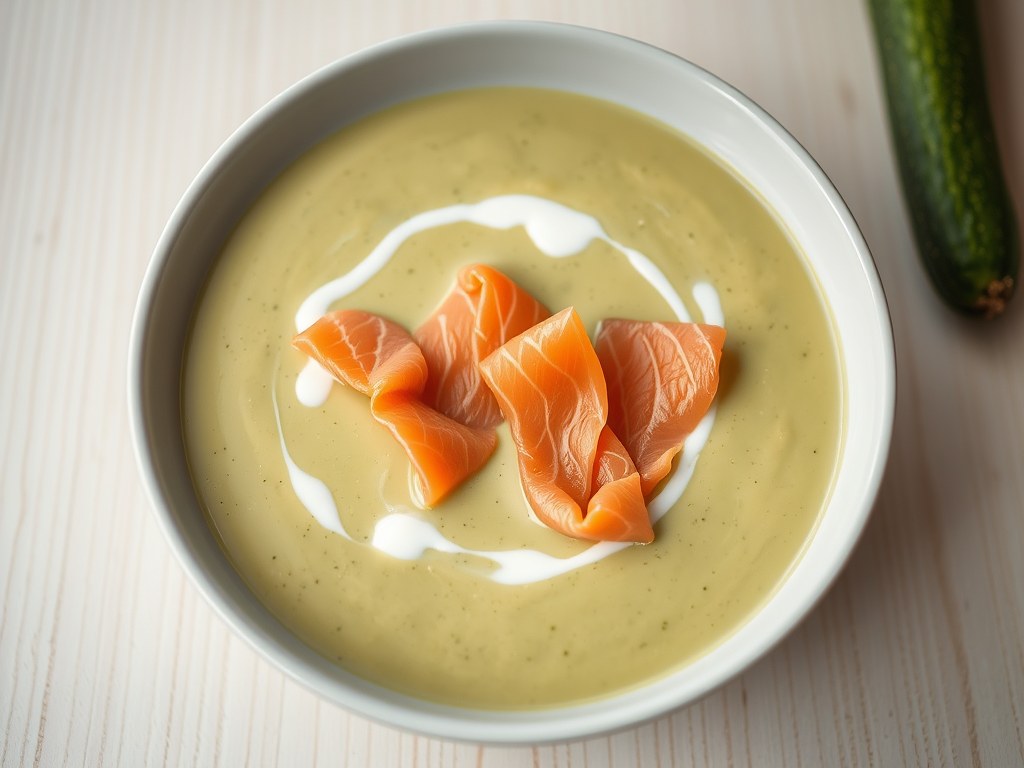 Courgettesoep met zalm, AI-gegenereerde illustratie
