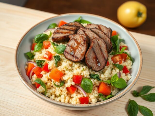 Couscous-basilicumsalade met lamsvlees
