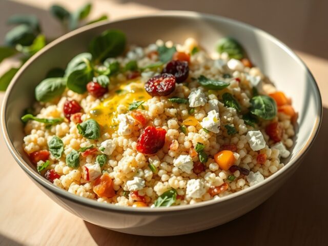 Couscous met feta,spinazie en fruit