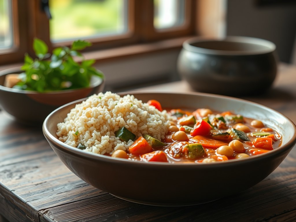 Couscous met groentesaus, AI-gegenereerde illustratie