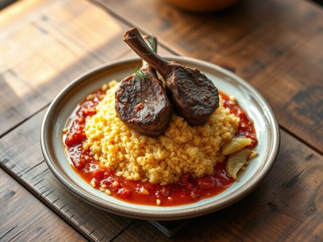 Couscous met lamskoteletten, harissa en venkel.