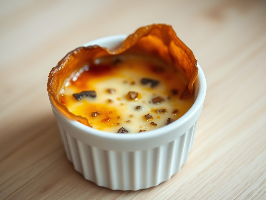 Crème brulée van kastanjechampignons, AI-gegenereerde illustratie