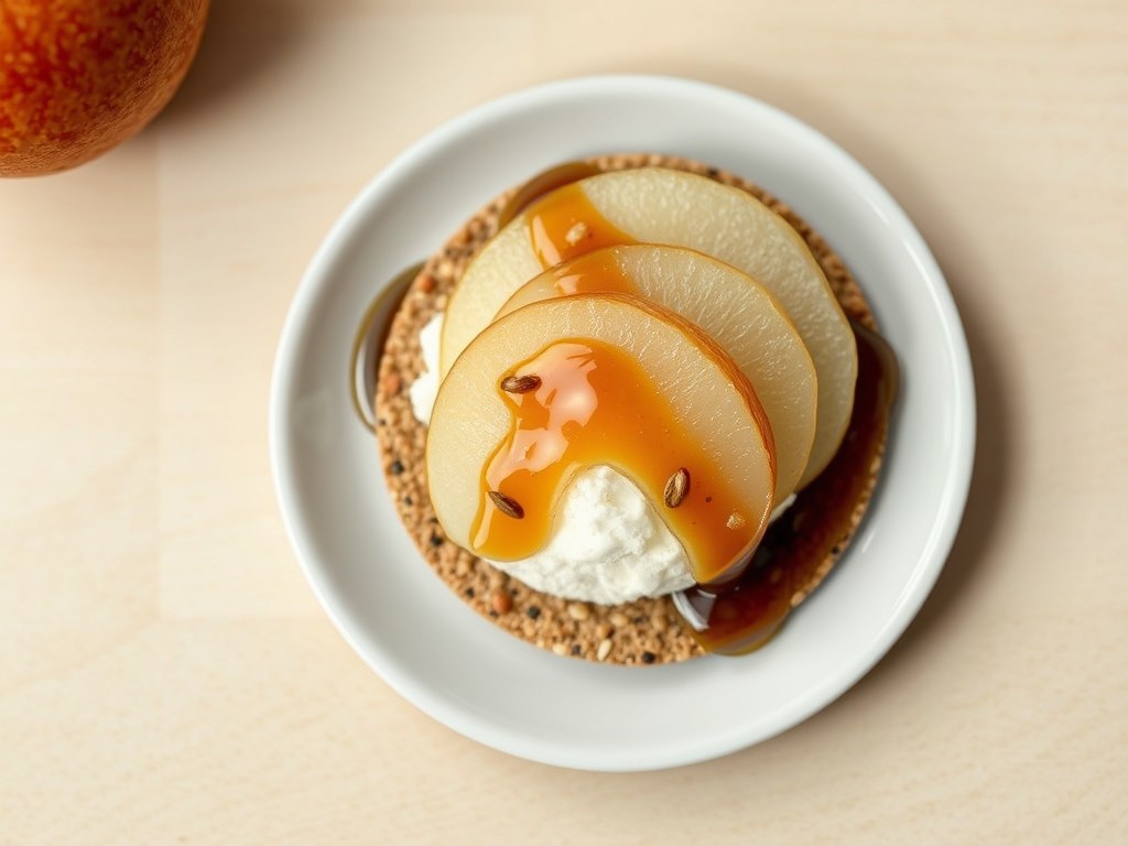 Cracker met peren-appelstroop en Hüttenkäse, AI-gegenereerde illustratie