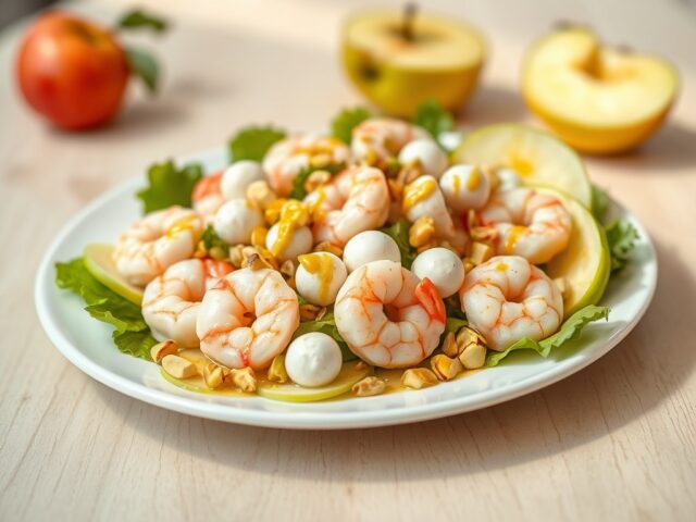 Crevettes, mozzarella, Granny Smith en pistaches