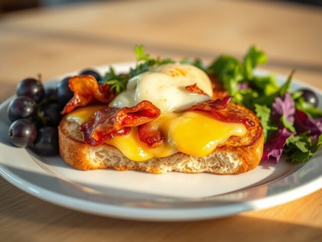 Croque-monsieur met abdijkaas, spekjes en blauwe druiven