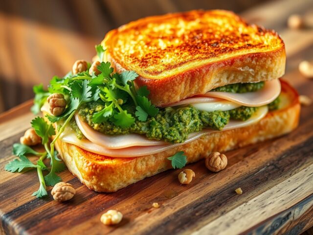 Croque-monsieur met brie, Breydel-ham en notenpesto