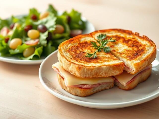 Croque monsieur met Meesterlyck-ham en Damse Mokke, salade met druiven en rozijnen