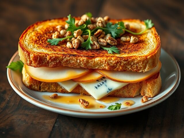 Croque-monsieur met peer en blauwe kaas