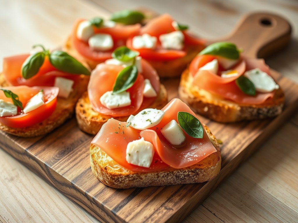 Crostini met rauwe ham, tomaat, en mozzarella, AI-gegenereerde illustratie