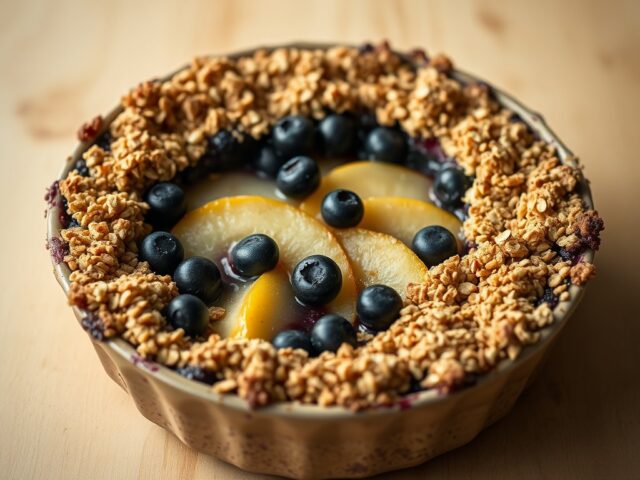 Crumble met peren en bosbessen