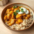 Curry met kalkoen, groenten en zilvervliesrijst