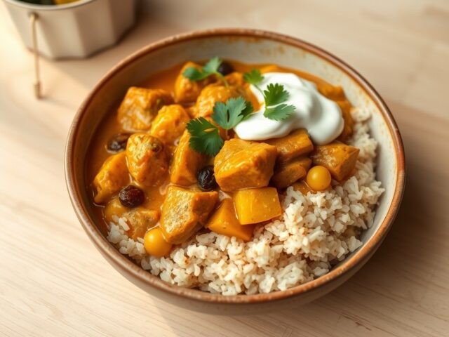 Curry met kalkoen, groenten en zilvervliesrijst