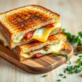 Dikke tosti met gesmolten brie en uitgebakken spek