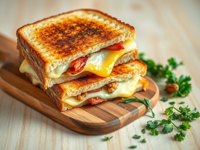 Dikke tosti met gesmolten brie en uitgebakken spek