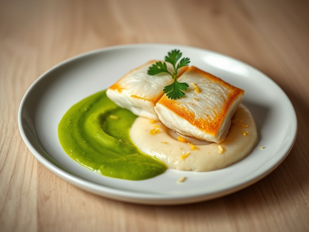 Doperwten- en bloemkoolpuree met zonnevisfilets, AI-gegenereerde illustratie