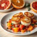 Drooggebakken coquilles op een warme citrussalade