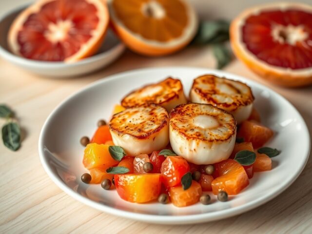 Drooggebakken coquilles op een warme citrussalade