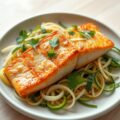 Drooggebakken zalm met prei, taugé en courgette