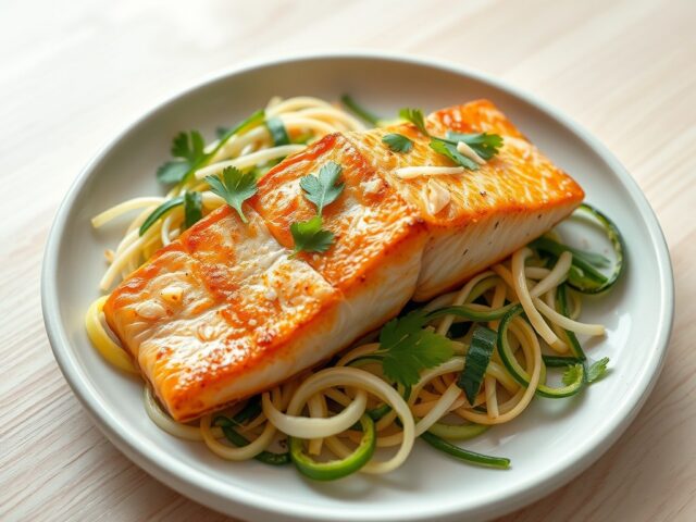 Drooggebakken zalm met prei, taugé en courgette