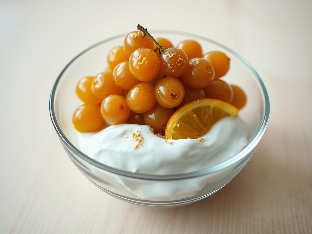 Druiven in karamel met roomyoghurt, AI-gegenereerde illustratie
