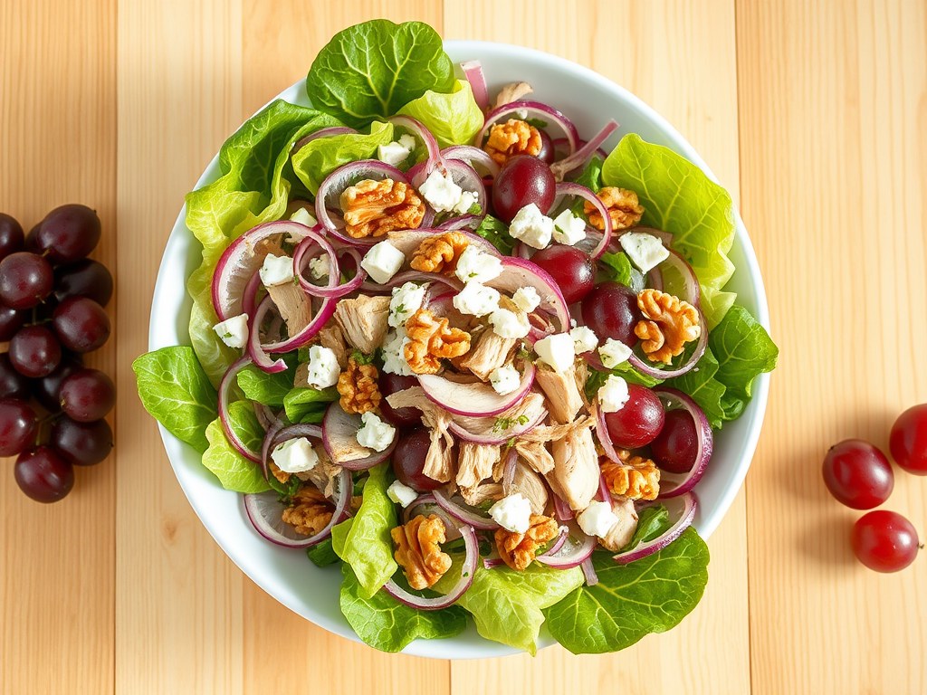 Druivensalade met kip en geitenkaas, AI-gegenereerde illustratie