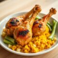 Drumsticks met bleekselderij en gele rijst