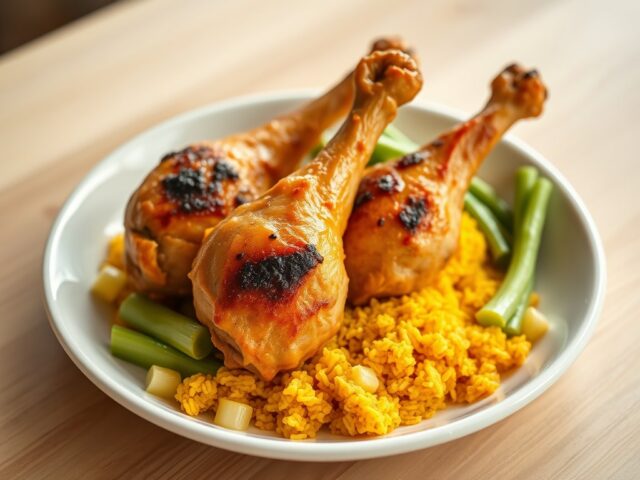 Drumsticks met bleekselderij en gele rijst
