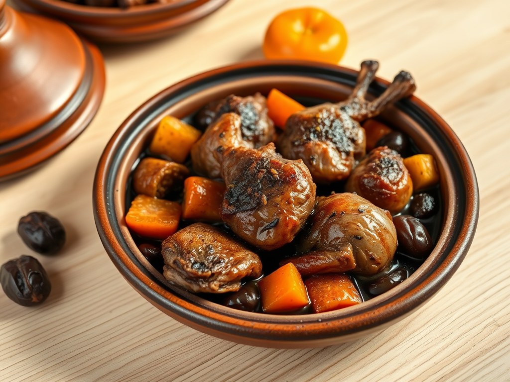 Duif met Dadels, Aubergine en Mandarijn (Tajine), AI-gegenereerde illustratie