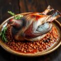 Duif uit de oven op linzen en tomaat