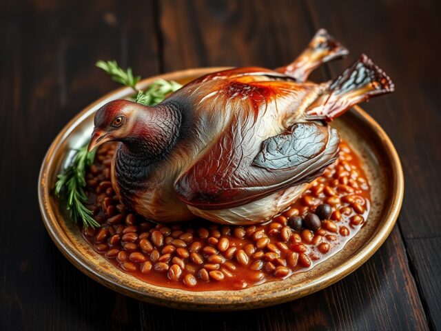 Duif uit de oven op linzen en tomaat