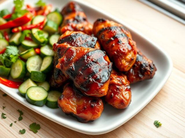 Duivelse kip met komkommersalade