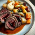 Dunne lende met balsamico en stoofpotje van groentjes
