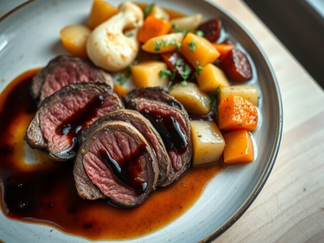 Dunne lende met balsamico en stoofpotje van groentjes
