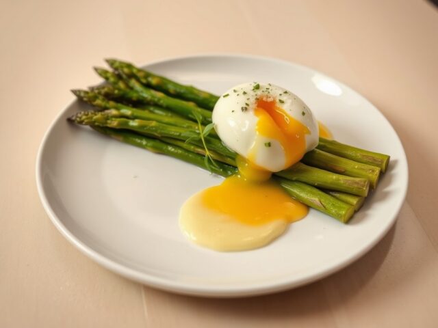 Duo van asperges, gepocheerd ei en emulsie met blauwschimmelkaas