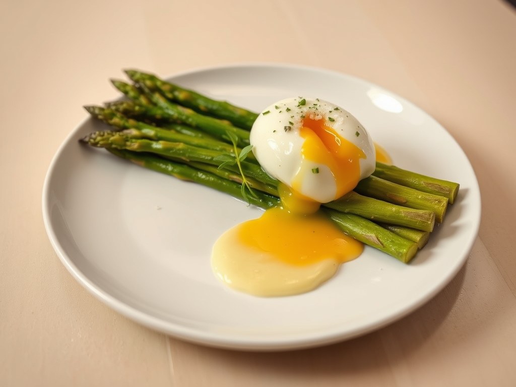 Duo van asperges, gepocheerd ei en emulsie met blauwschimmelkaas, AI-gegenereerde illustratie