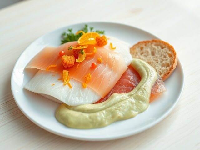 Duo van heilbotfilet en gerookte wilde zalm met citruszeste, avocadocrème en zalmeitjes