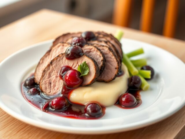 Eendenborst met een saus van kriek