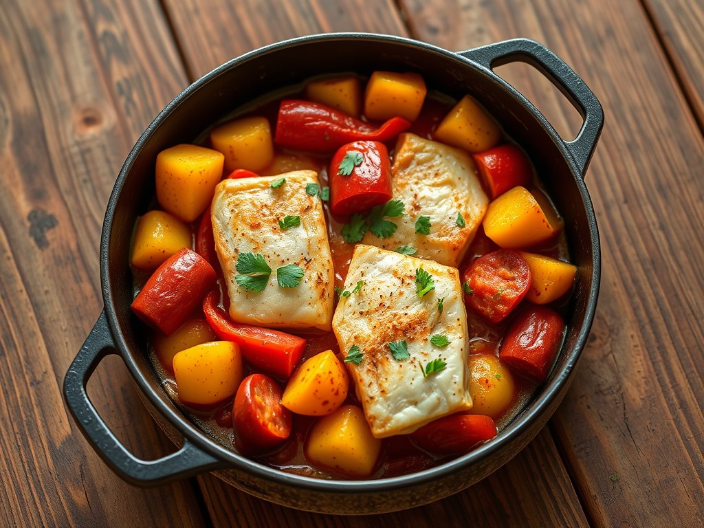 Eenpansgerecht paprikastoof met kabeljauw en chorizo, AI-gegenereerde illustratie