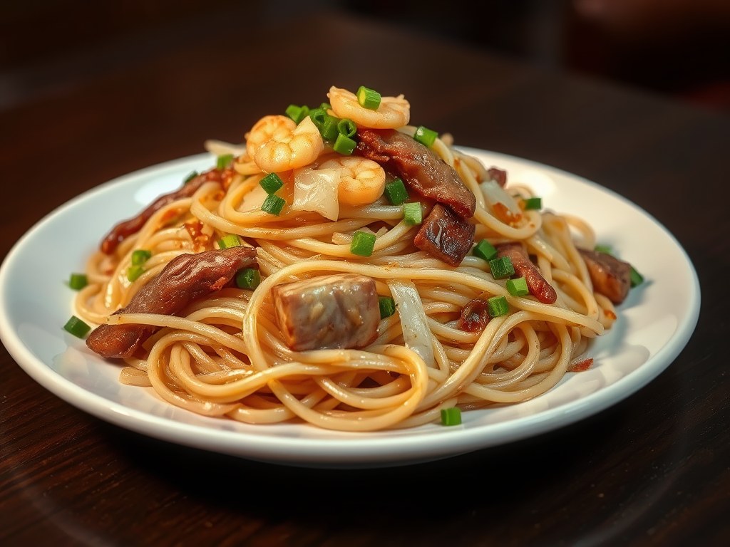 Eenvoudige bami met Chinese knoflook, AI-gegenereerde illustratie