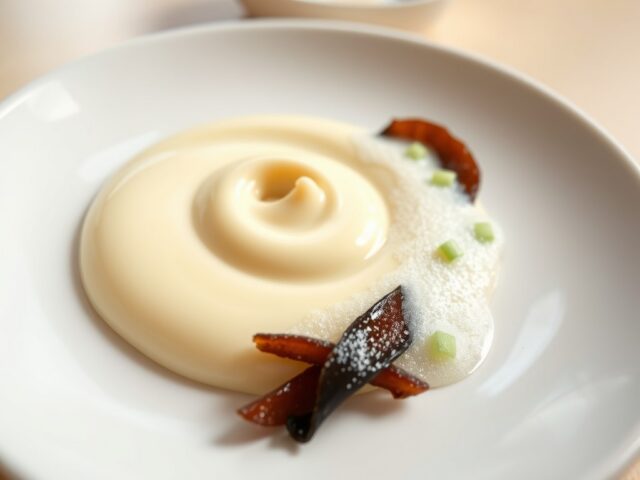 Eiercrème met gerookte paling en schuim van zoetzure saus