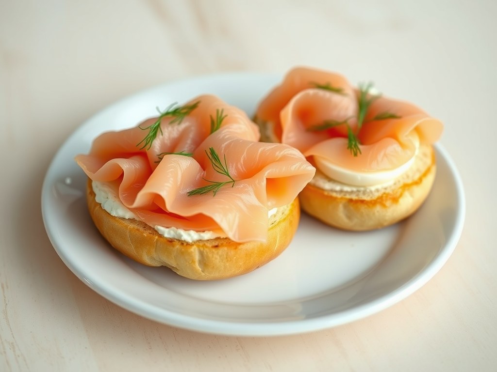 Eierdopbagel met zalm en roomkaas, AI-gegenereerde illustratie