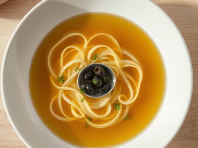 Eierflensjes met tapenade in bouillon