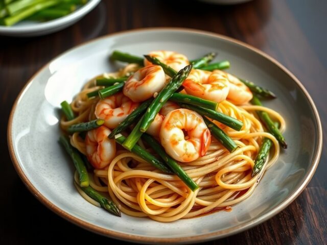 Eiernoodles met Gamba’s en Groene Asperges