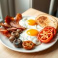 Engels grill-ontbijt met worst, bacon ei
