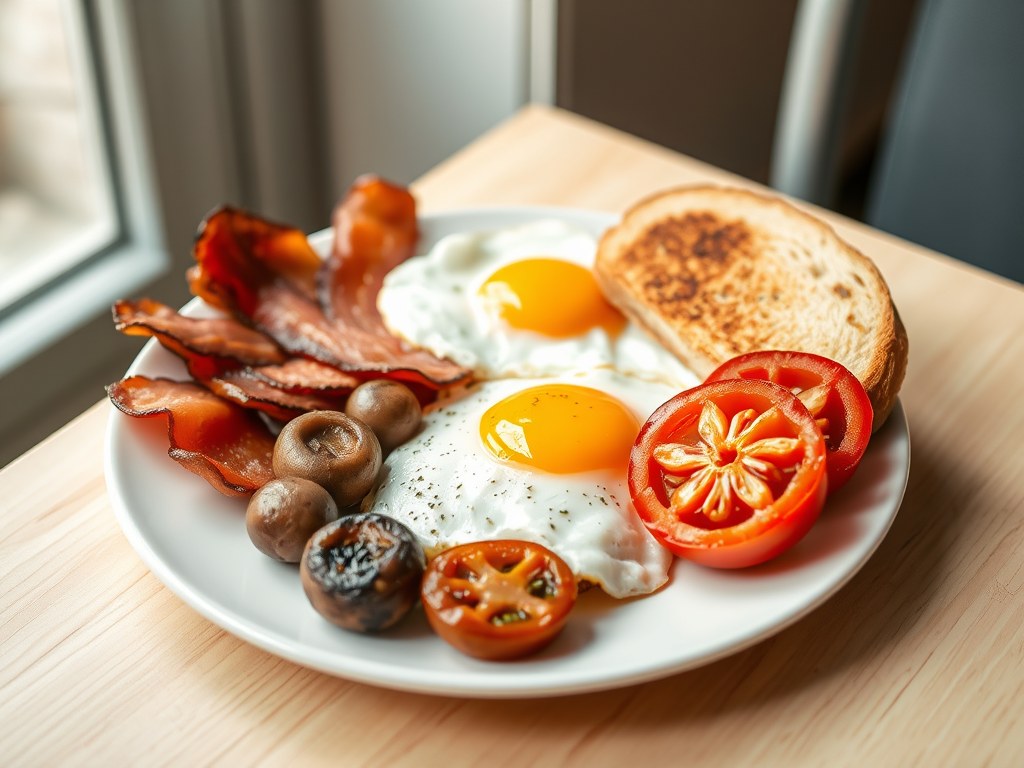 Engels grill-ontbijt met worst, bacon ei, AI-gegenereerde illustratie